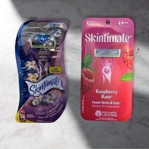 Two Four-Pack Skintimate Disposable Razors. Exotic Violet Blooms& Raspberry Rain